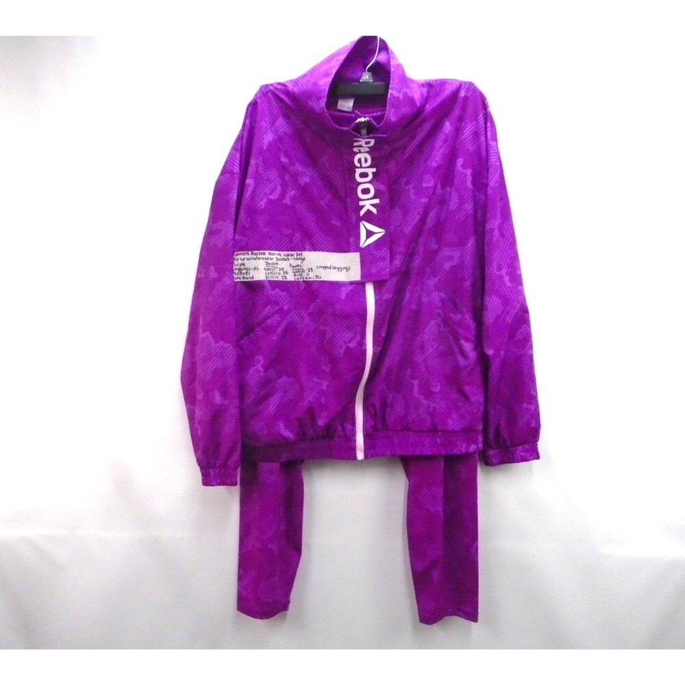 Reebok Womens Tracksuit Set Large Zip Jacket XL Cropped Leggings Purple Pattern